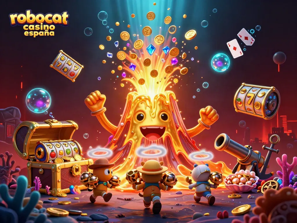 Experience the excitement of robocat casino españa with a vibrant 3D scene filled with treasures and games.