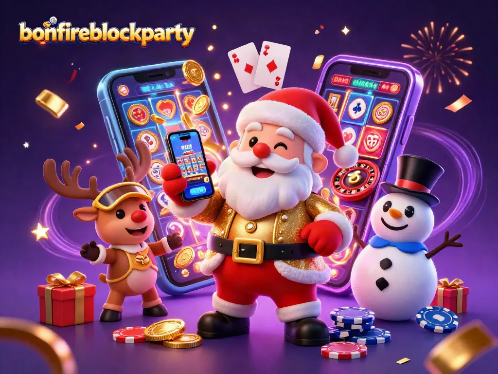 Spin virtual slots at bonfireblockparty with cartoon Santa and festive casino elements.