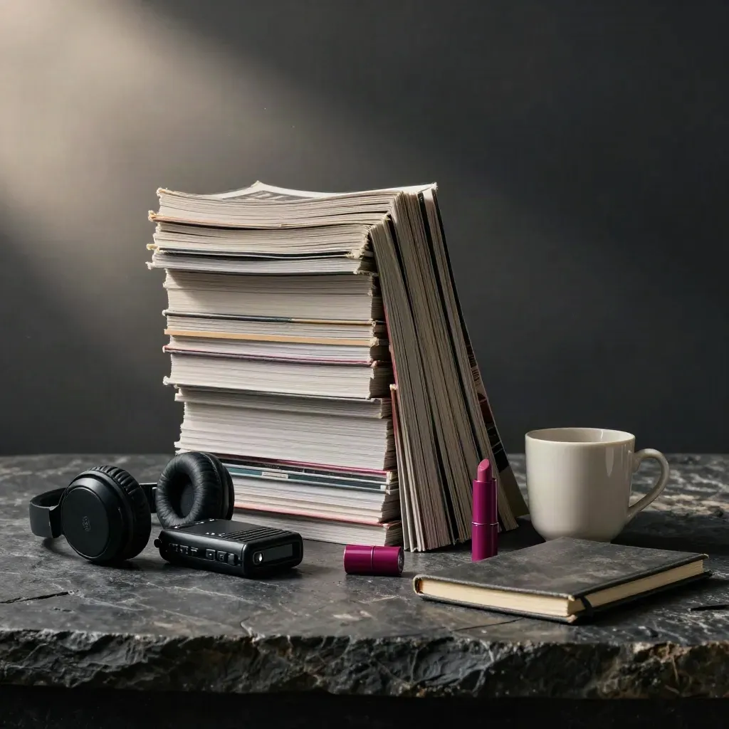 Revista editorial apilada con grabadora, auriculares, taza marfil, labios magenta y cuaderno sobre piedra oscura.