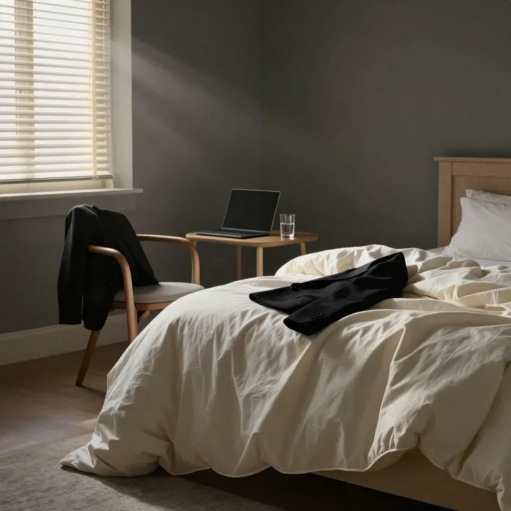 Dormitorio deshecho con luz del amanecer, blazer en silla y portátil cerrado junto a un vaso de agua.