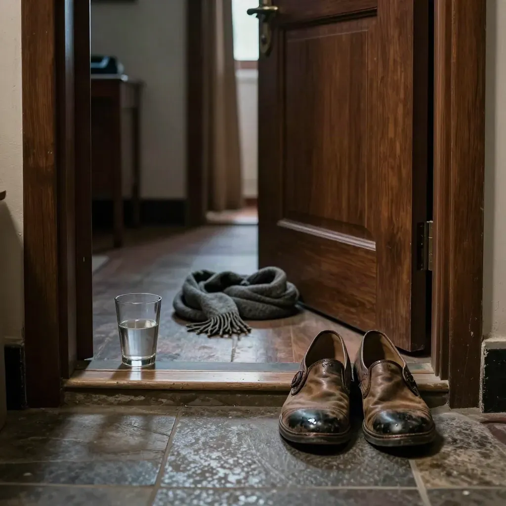 Pasillo nocturno con dos pares de zapatos, una copa vacía, una bufanda caída y la puerta entreabierta.