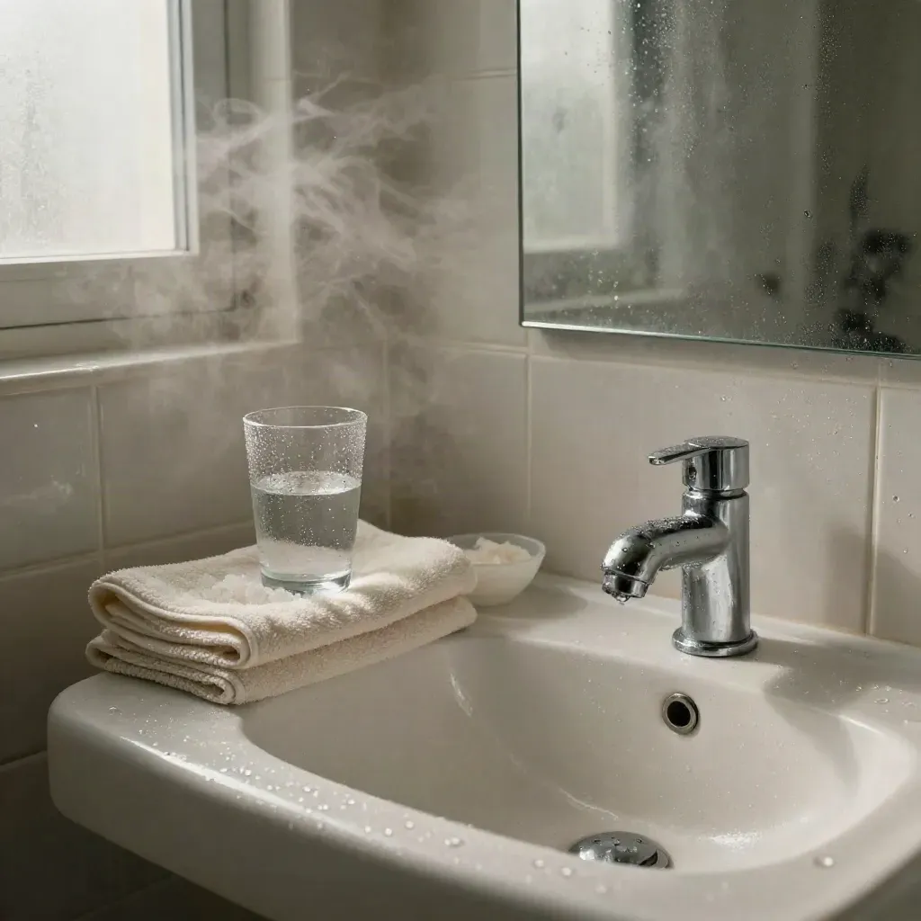 Lavabo empañado con vapor, toalla doblada, sales de baño y vaso de agua en un baño tranquilo.