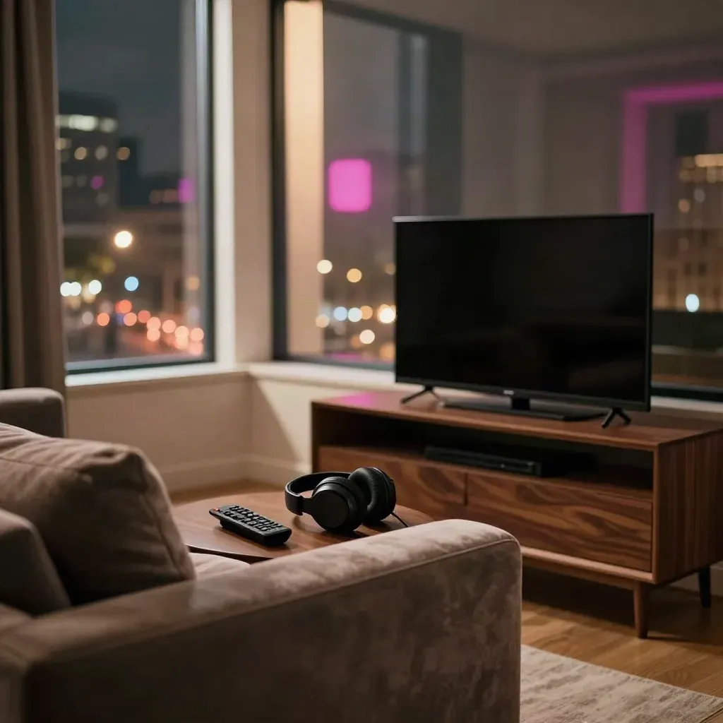 Salón oscuro con tele apagada, consola cerrada, mando, auriculares y luces de ciudad en la ventana.