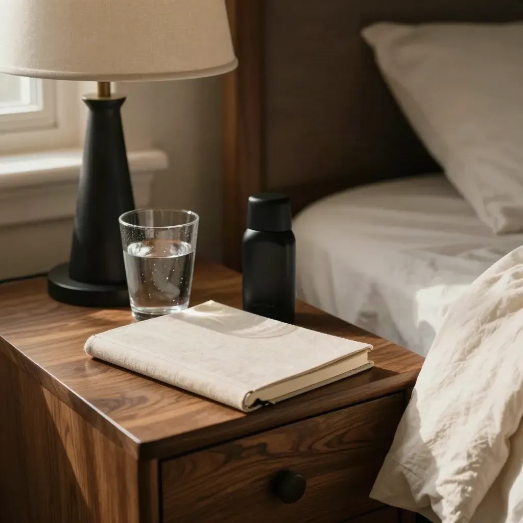 Mesilla de noche con libreta cerrada, vaso de agua, desodorante, lámpara baja y sábana arrugada al amanecer