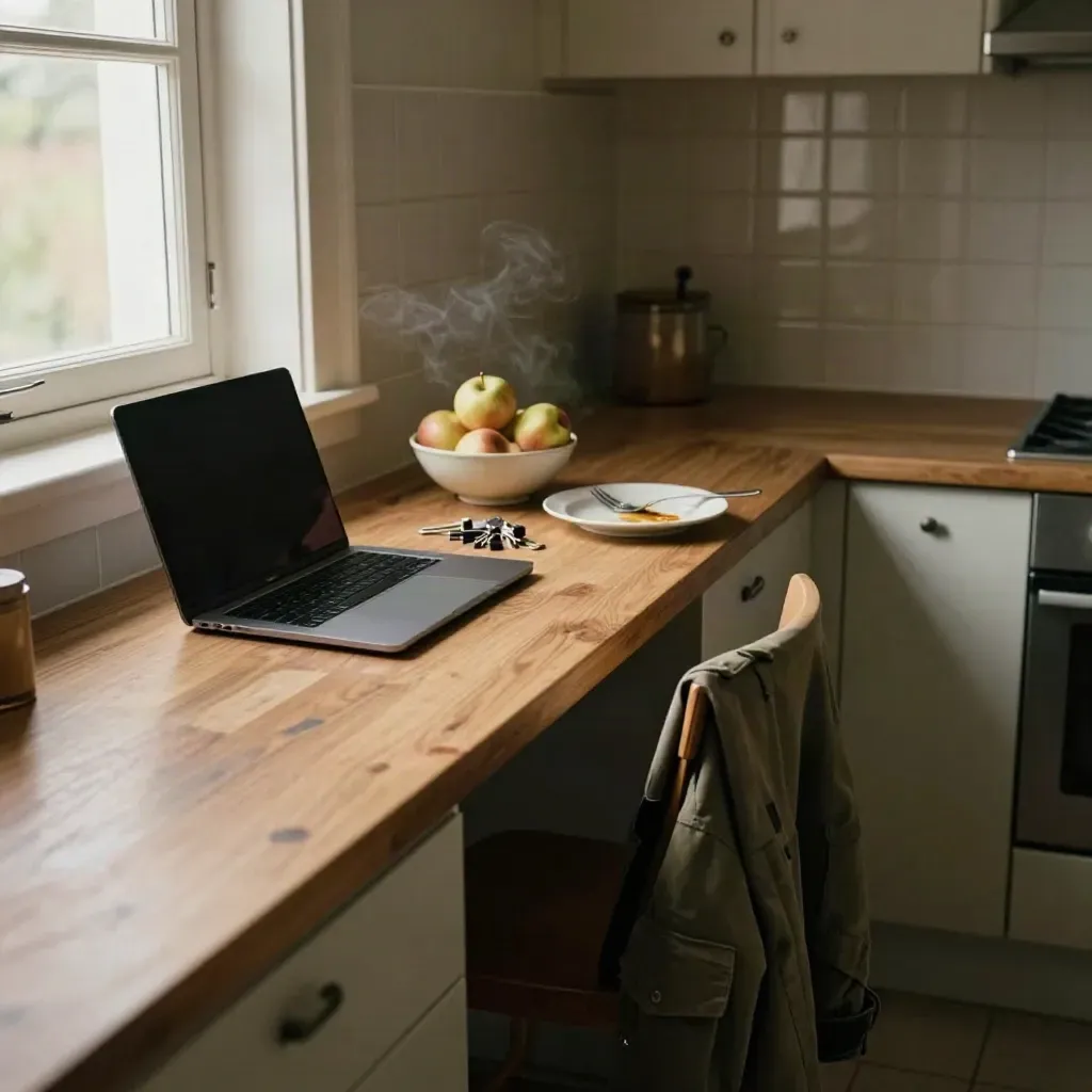 Cocina estrecha con portátil cerrado, chaqueta en silla, llaves, fruta y plato sin recoger.