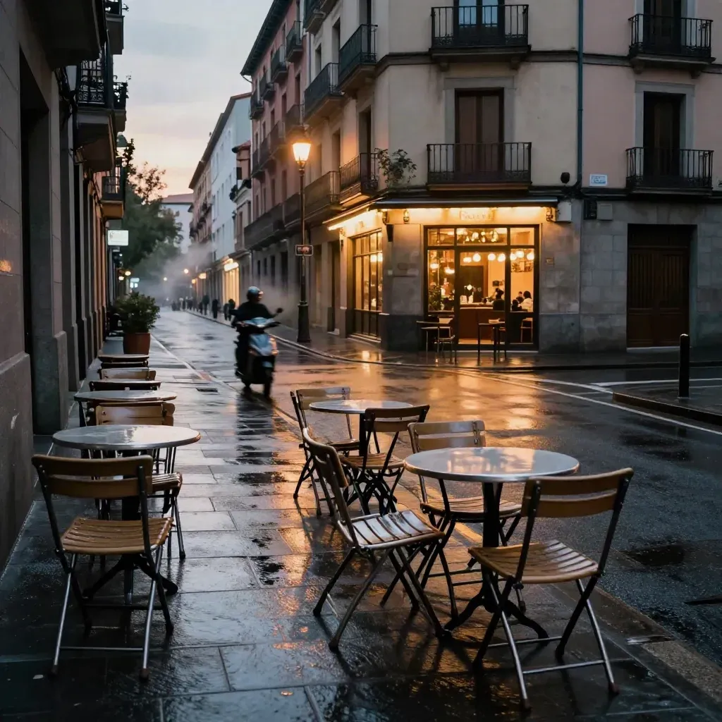 Calle de Madrid al anochecer, terrazas apiladas, scooter borroso y esquina de bar iluminada.