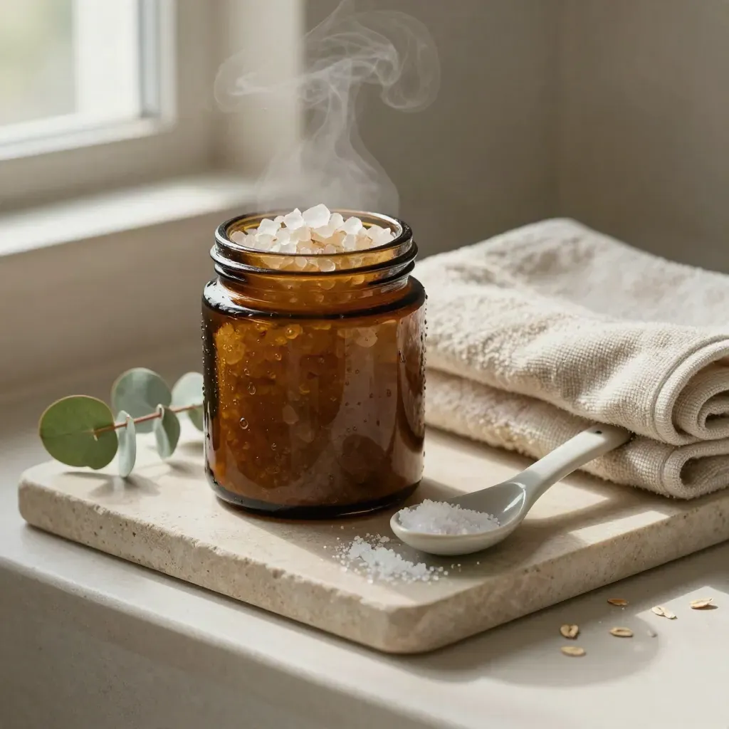 Frasco ámbar de sales de baño con toalla de lino, cuchara cerámica y eucalipto en vapor suave.