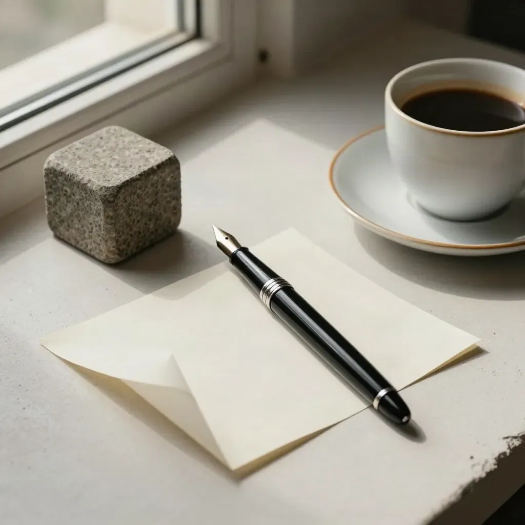 Pluma negra, piedra y café sobre papel doblado en una composición editorial minimalista.