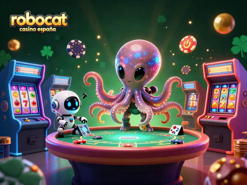 Experience the excitement of robocat casino españa with our vibrant, dynamic gaming scene featuring an alien octopus and robot companion.