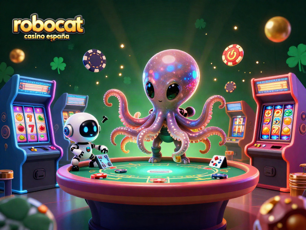 Experience the excitement of robocat casino españa with our vibrant, dynamic gaming scene featuring an alien octopus and robot companion.